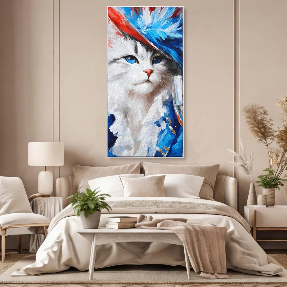 Tablou canvas cu pictura cu pisica in costum si palarie, in rama de aluminiu argintiu, pe perete intr-un dormitor